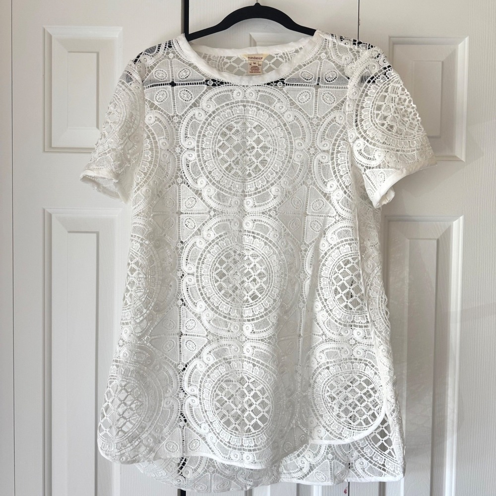 Sundance White Guipure Lace Medallion Short Sleeve Blouse Top Womens Medium
